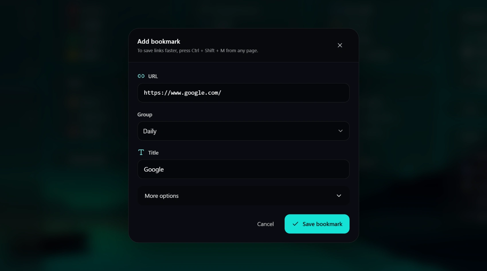 Mirsah Quick Save dialog for saving the current page to a Workspace and Group