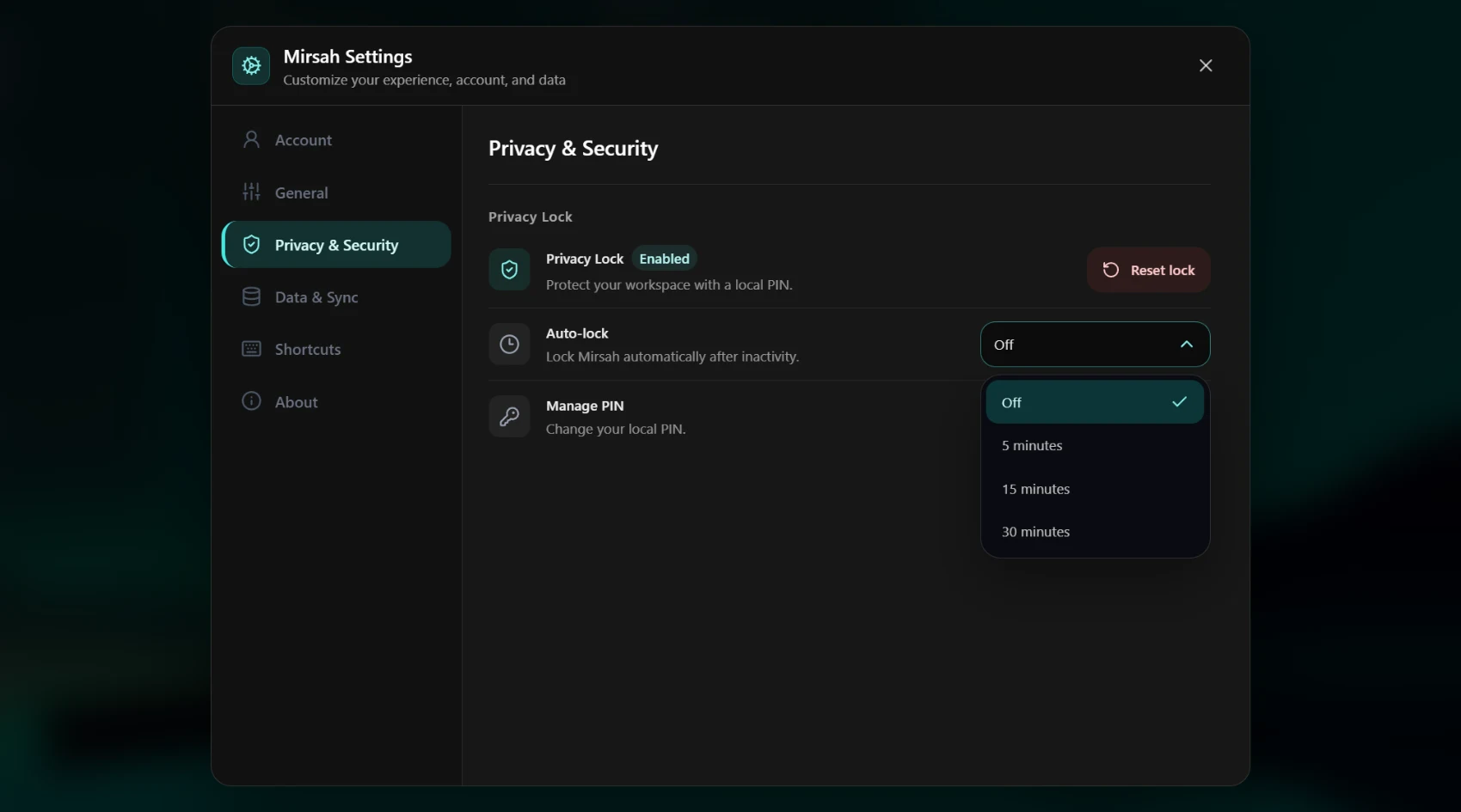 Mirsah Privacy and Security settings